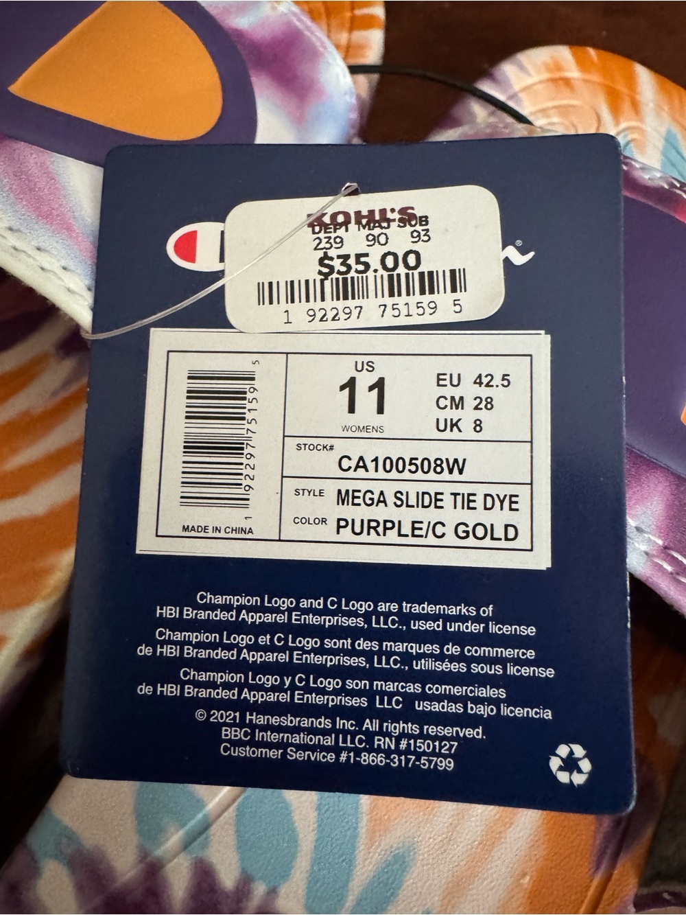 Champion Tie-Dye Slide Sandals in Purple, Orange, Blue Women’s 11 - Picture 5 of 5